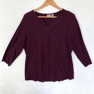 Chicos Womens Burgundy V Neck 3/4 Sleeve Top Size 2 Cotton Modal Blend